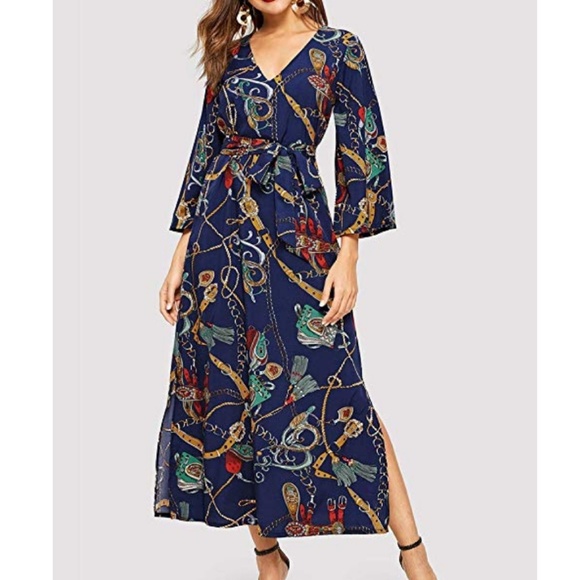 NWT Navy Bold Print Maxi Wrap Dress - Picture 4 of 4